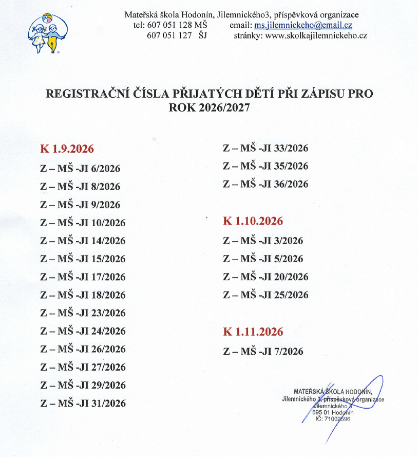 Registrační čísla přijatých dětí pro školní rok 2026/2027